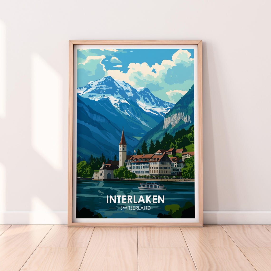 Interlaken Switzerland Lakeside Church Snowy Mountain Travel Poster