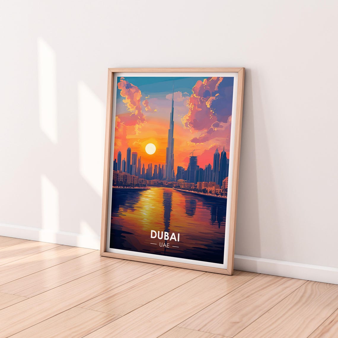 Dubai UAE Burj Khalifa Fiery Sunset Skyline Over Water Poster - Image 2