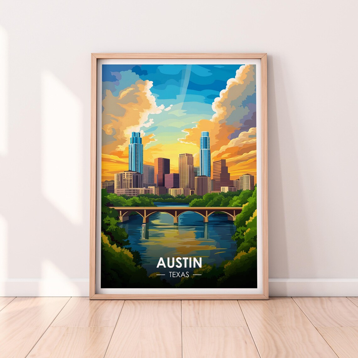 Austin Texas Skyline Bridge Sunset River Vintage Travel Poster