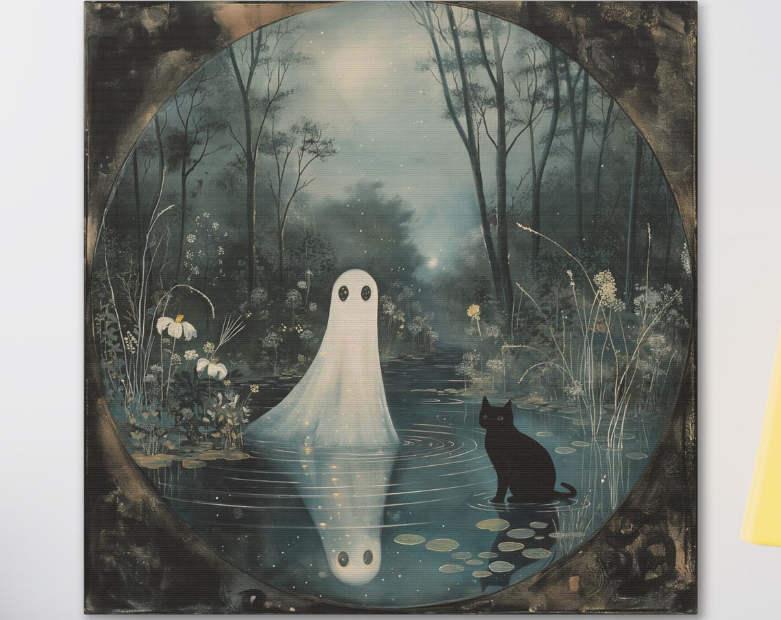 Ghost And Black Cat By A Moonlit Forest Pond Reflection Poster