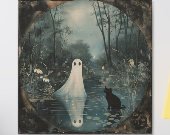 Ghost And Black Cat By A Moonlit Forest Pond Reflection Poster