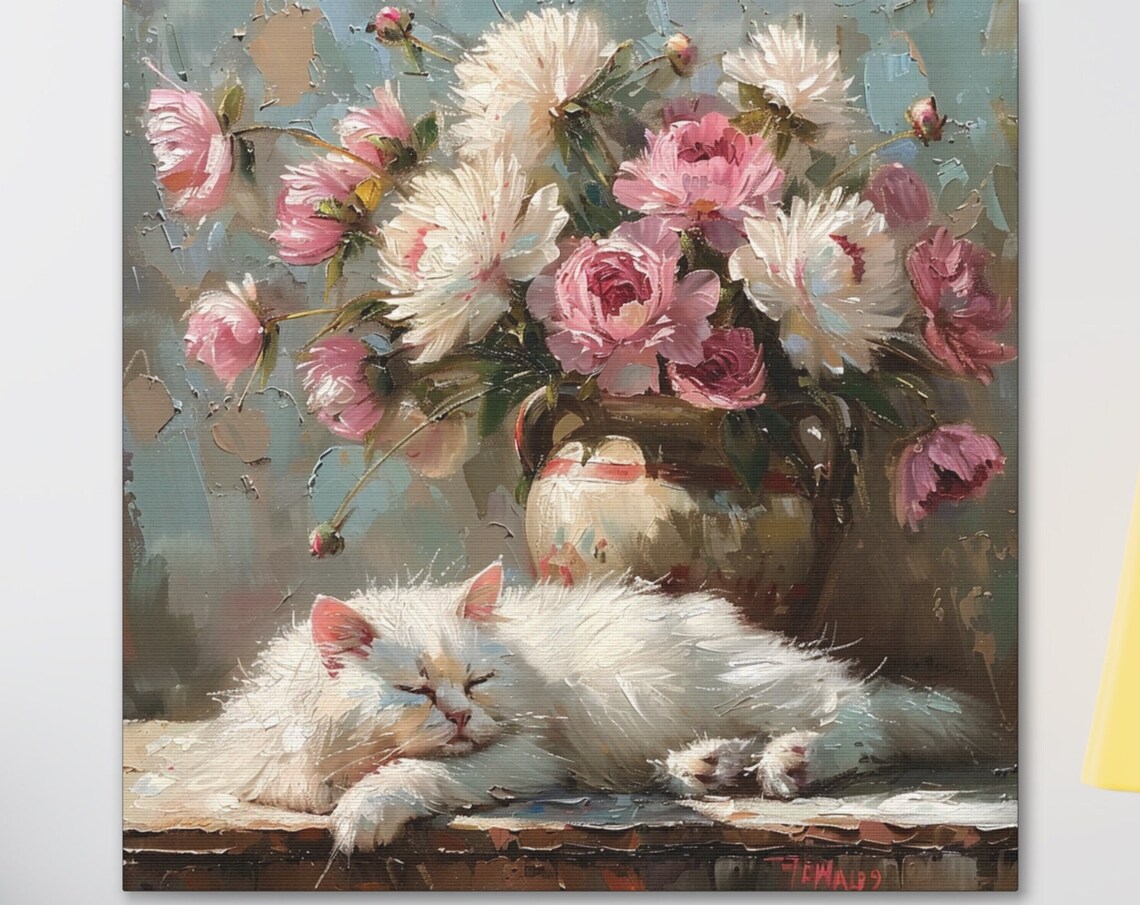 White Cat Sleeping in Front of a Vase of Pink Peonies Poster