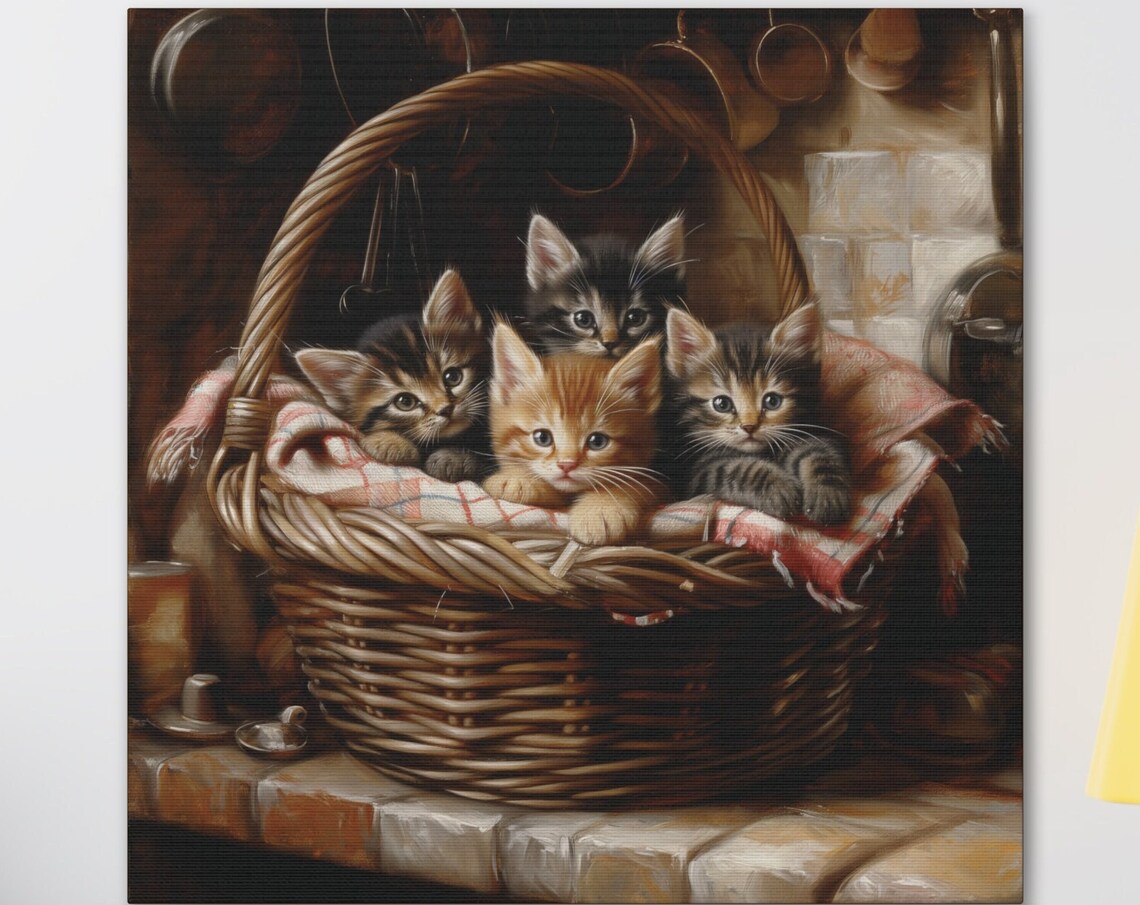 Four Kittens in Wicker Basket Farmhouse Kitchen Oil Painting Poster