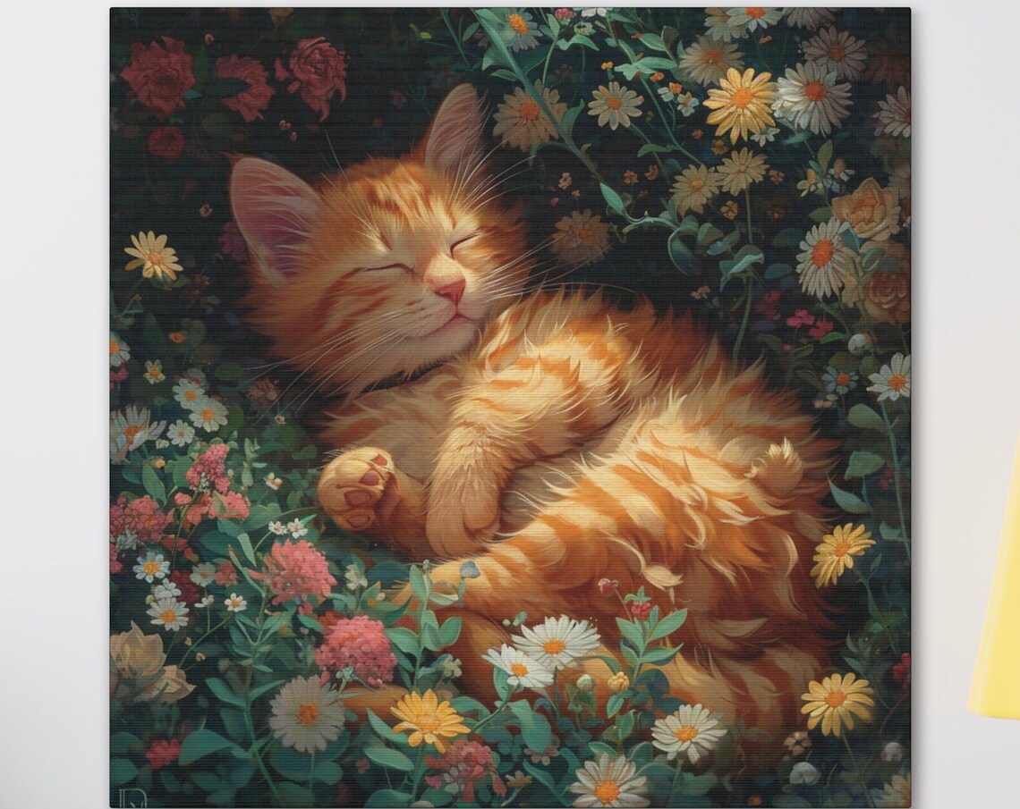 Orange Kitten Curled Up Asleep in a Dark Wildflower Bed Poster
