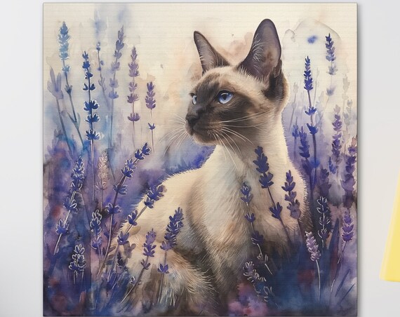 Elegant Siamese Cat Sitting Among Lavender Flowers Watercolor Poster