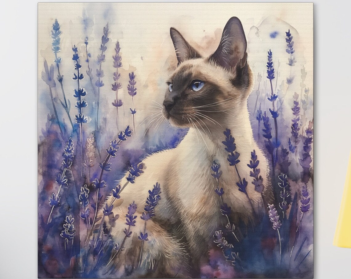 Elegant Siamese Cat Sitting Among Lavender Flowers Watercolor Poster