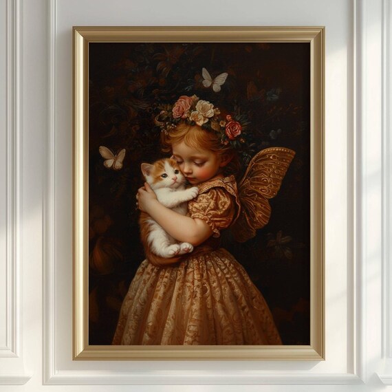 Victorian Fairy Girl Hugging a Kitten Among Butterflies Poster