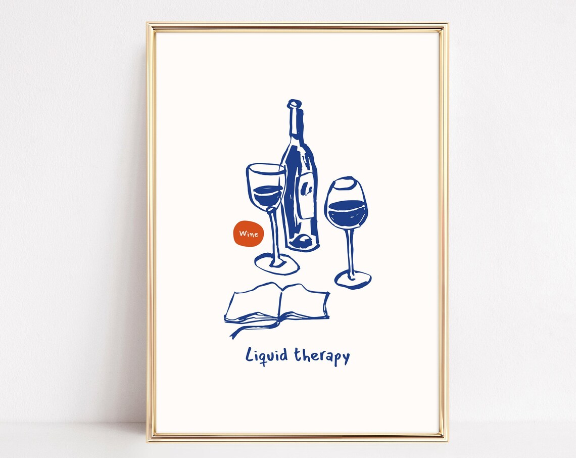 Liquid Therapy Hand Drawn Wine Bottle and Glasses Minimalist Kitchen Print