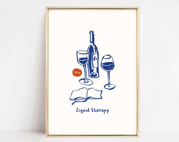 Liquid Therapy Hand Drawn Wine Bottle and Glasses Minimalist Kitchen Print