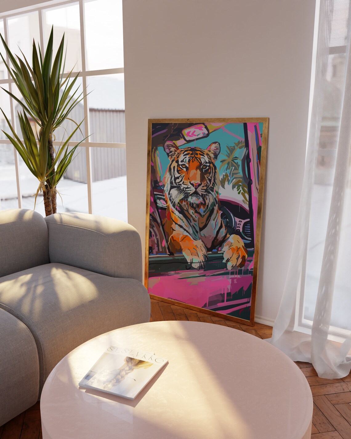 Neon Tiger Leaning Out of Car Window Under Hot Pink Sky Poster - Image 4