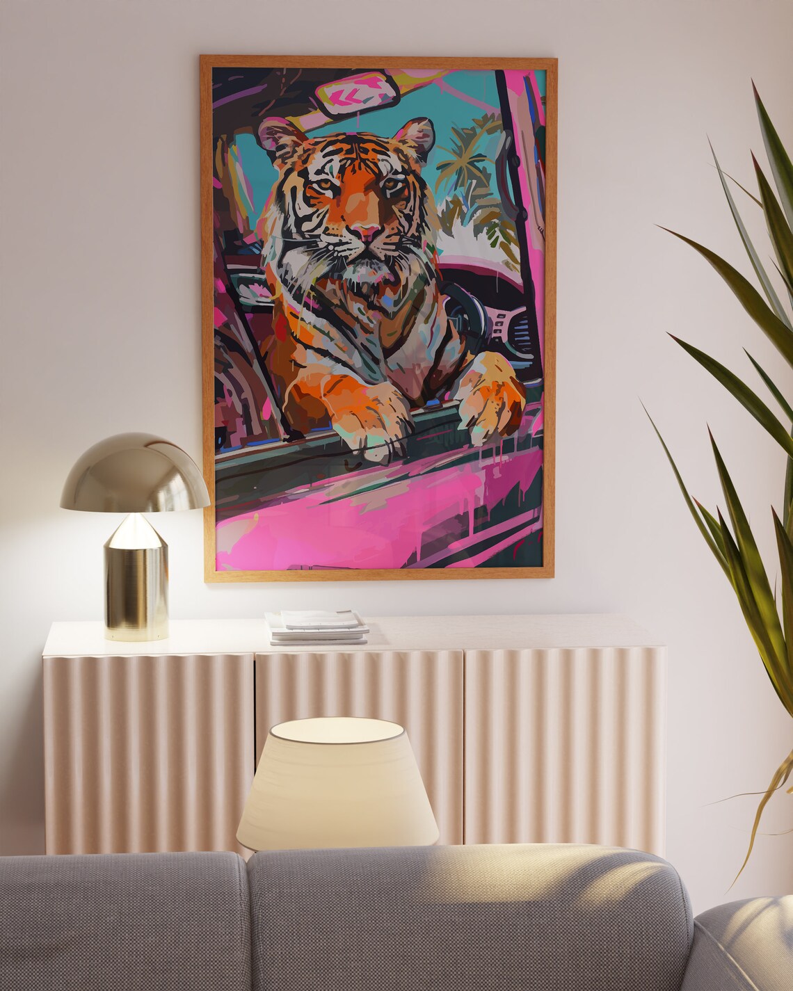 Neon Tiger Leaning Out of Car Window Under Hot Pink Sky Poster - Image 3