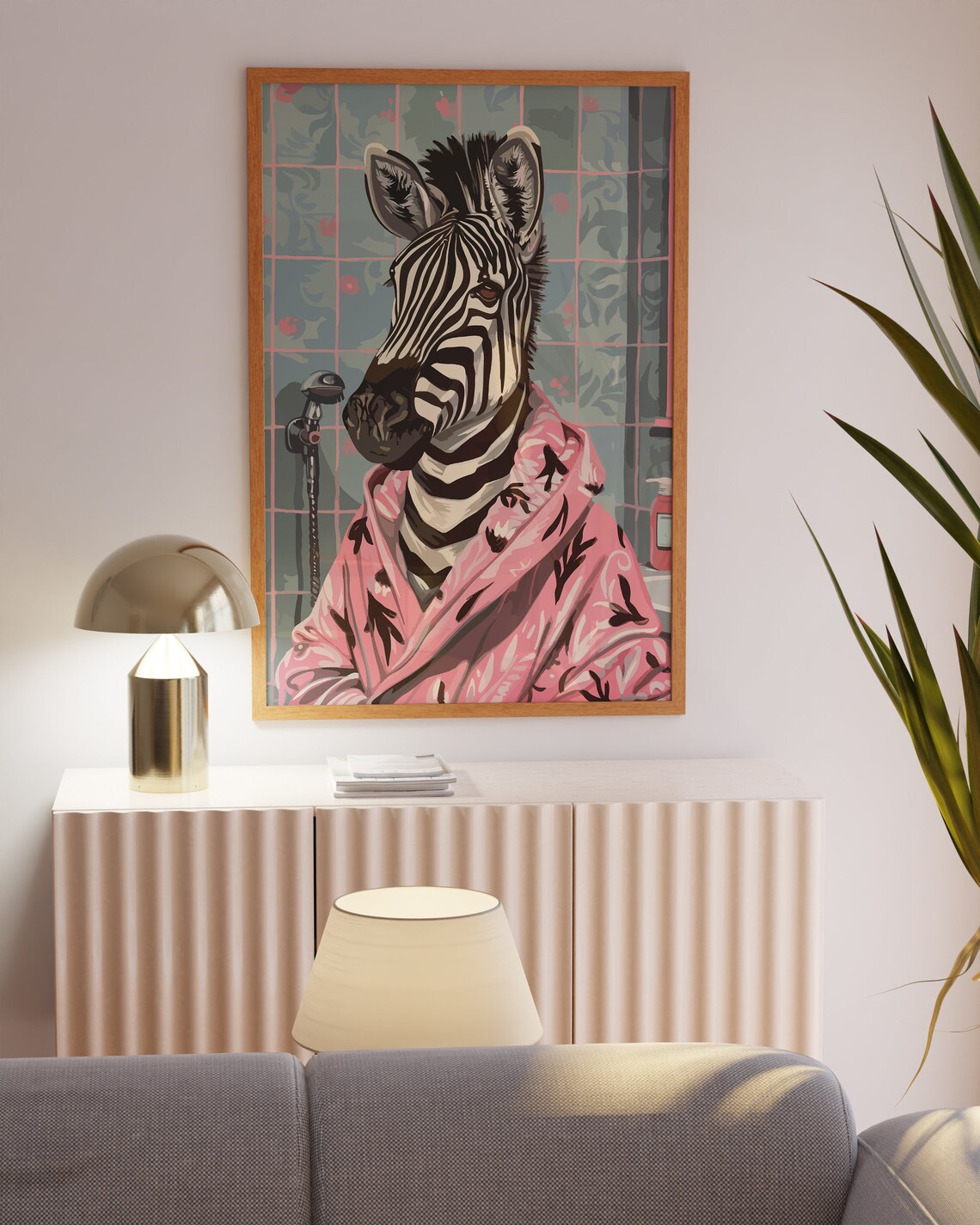 Playful Zebra in Pink Bathrobe Maximalist Bathroom Animal Poster - Image 3