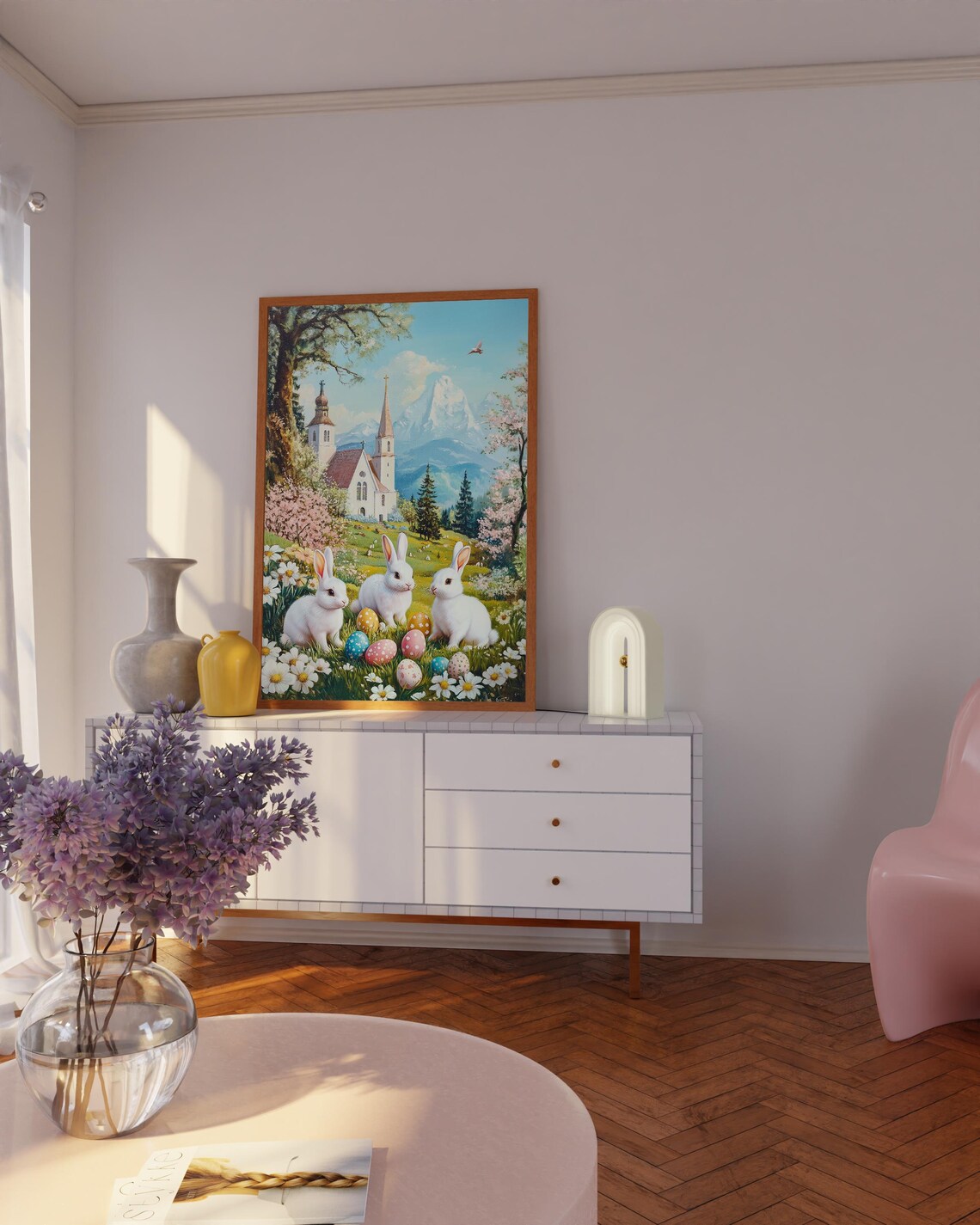 Easter Rabbits Among Daisies by Alpine Church Snow Peak Poster - Image 2