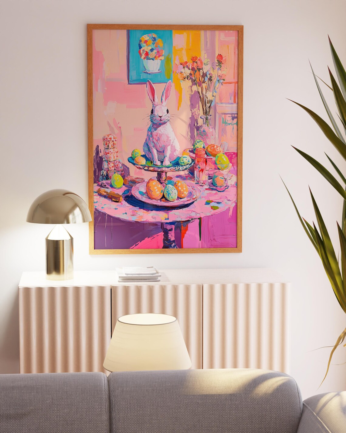 Easter Bunny on Cake Stand With Brightly Painted Easter Eggs Poster - Image 3