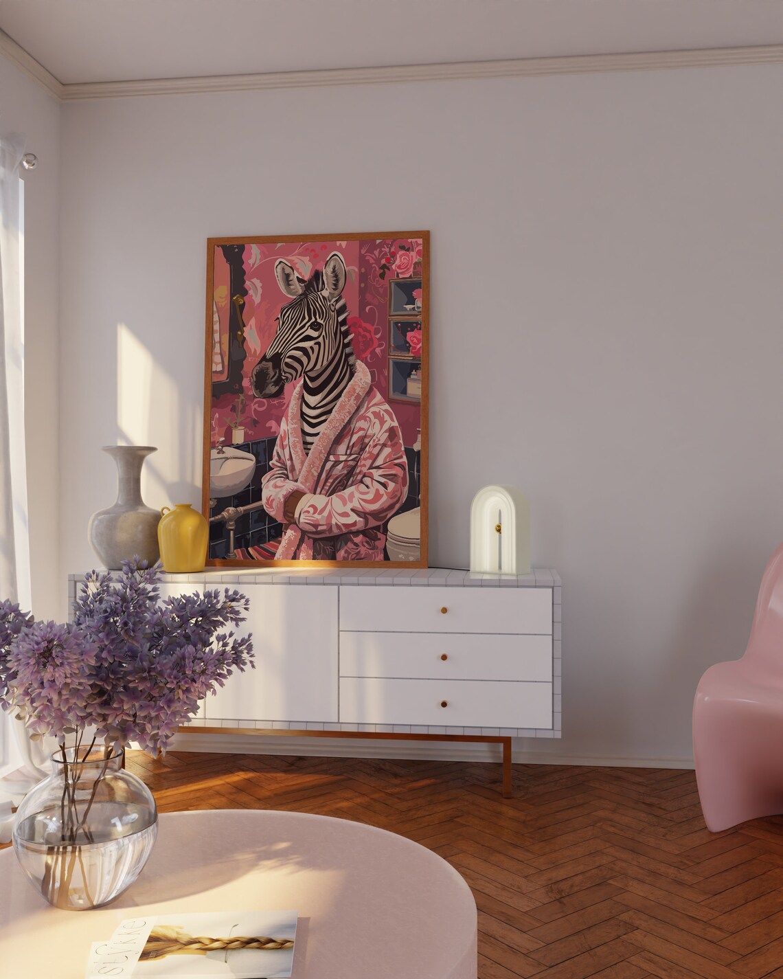 Zebra in Pink Robe Pink Bathroom Funny Maximalist Zebra Poster - Image 2