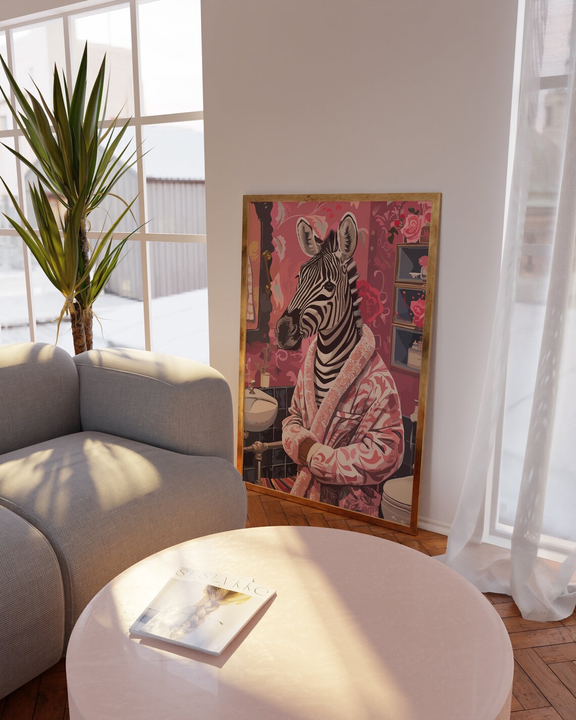 Zebra in Pink Robe Pink Bathroom Funny Maximalist Zebra Poster - Image 4