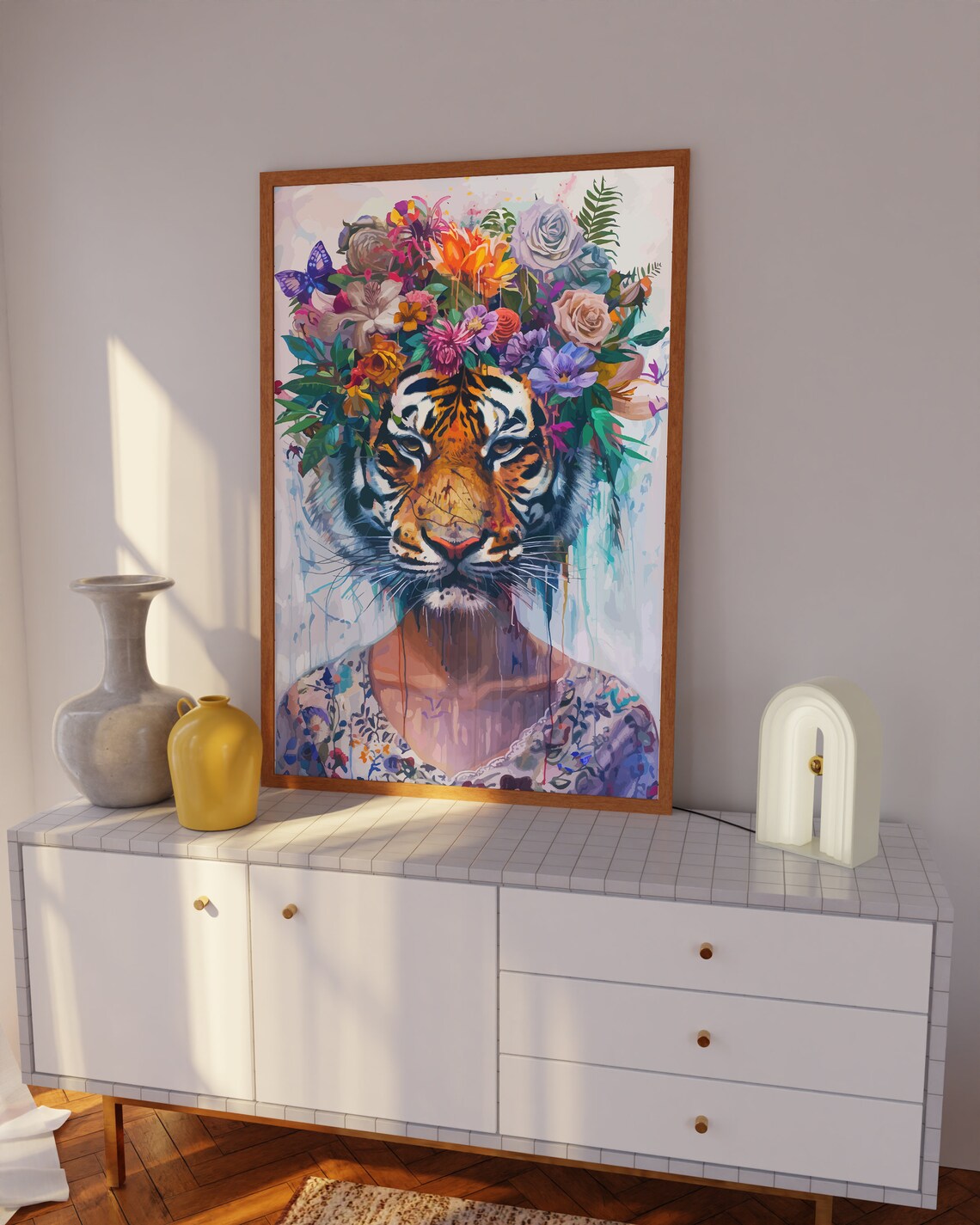 Tiger Head with Floral Crown Maximalist Watercolor Eclectic Wall Art - Image 4