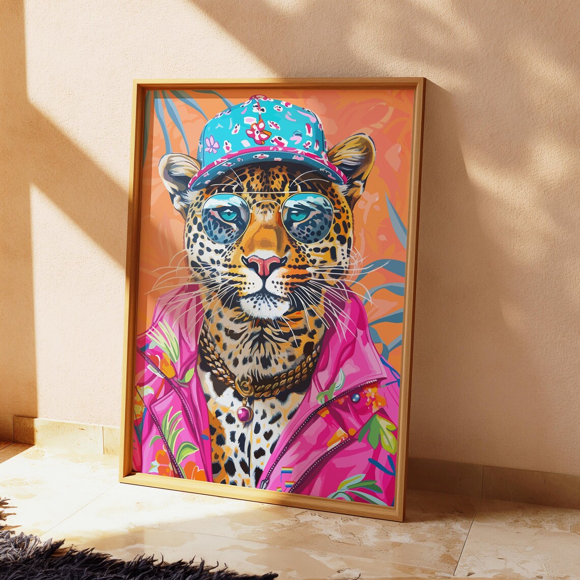 Leopard in Cap and Pink Jacket Round Glasses Trendy Funky Wall Art - Image 3