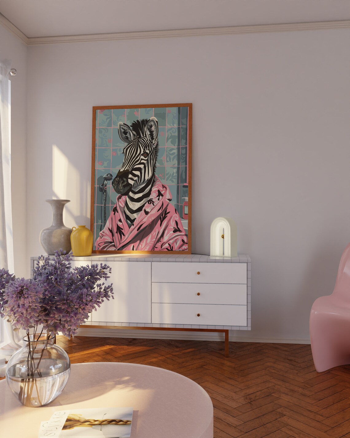 Playful Zebra in Pink Bathrobe Maximalist Bathroom Animal Poster - Image 2