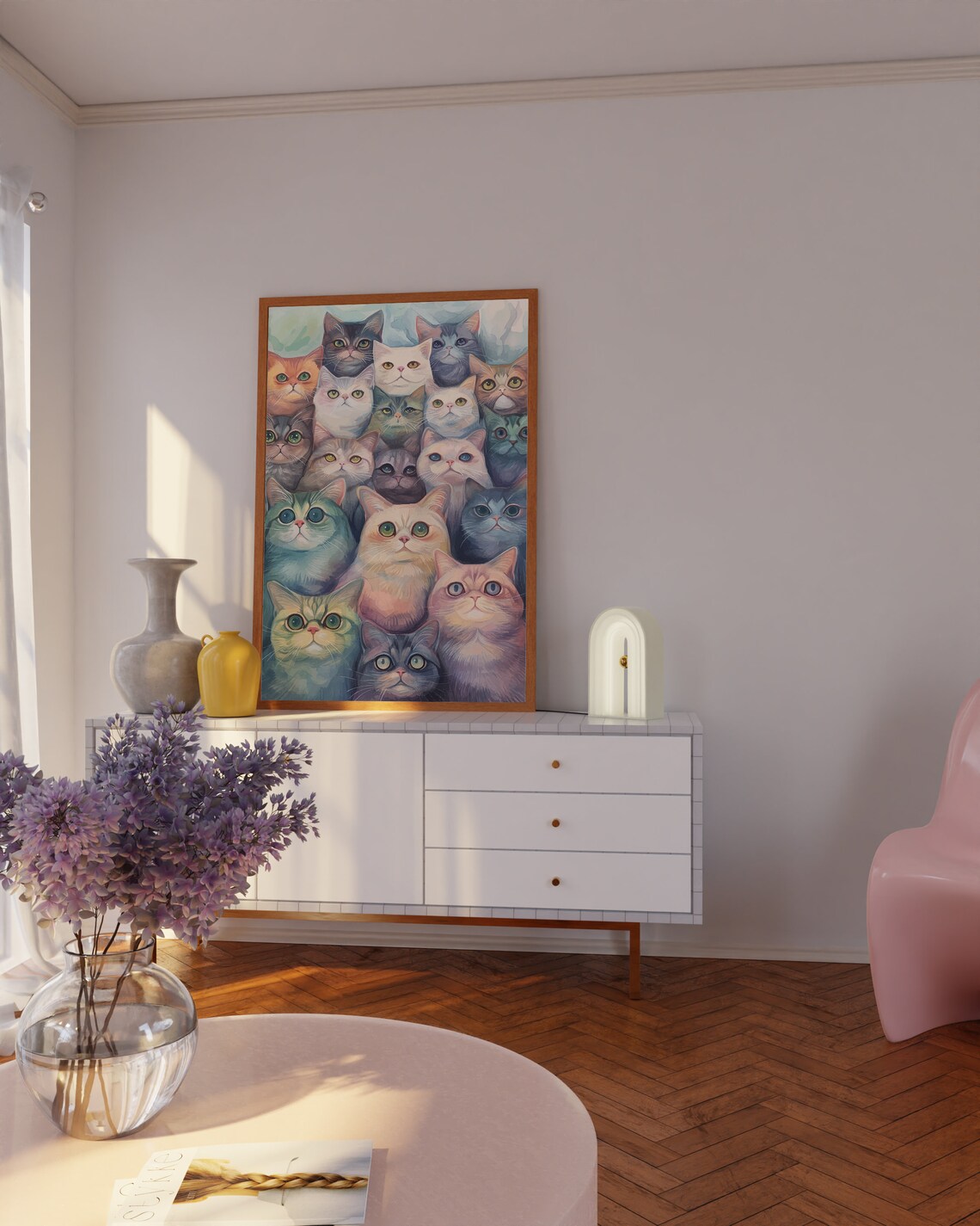 Watercolor Crowd of Colorful Cat Faces in Pastel Hues Poster - Image 2
