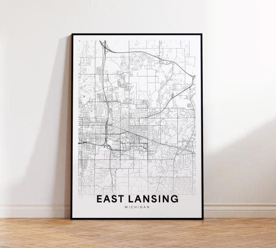 East Lansing City Map Print Street Poster Michigan Art Road Wall Office Decor