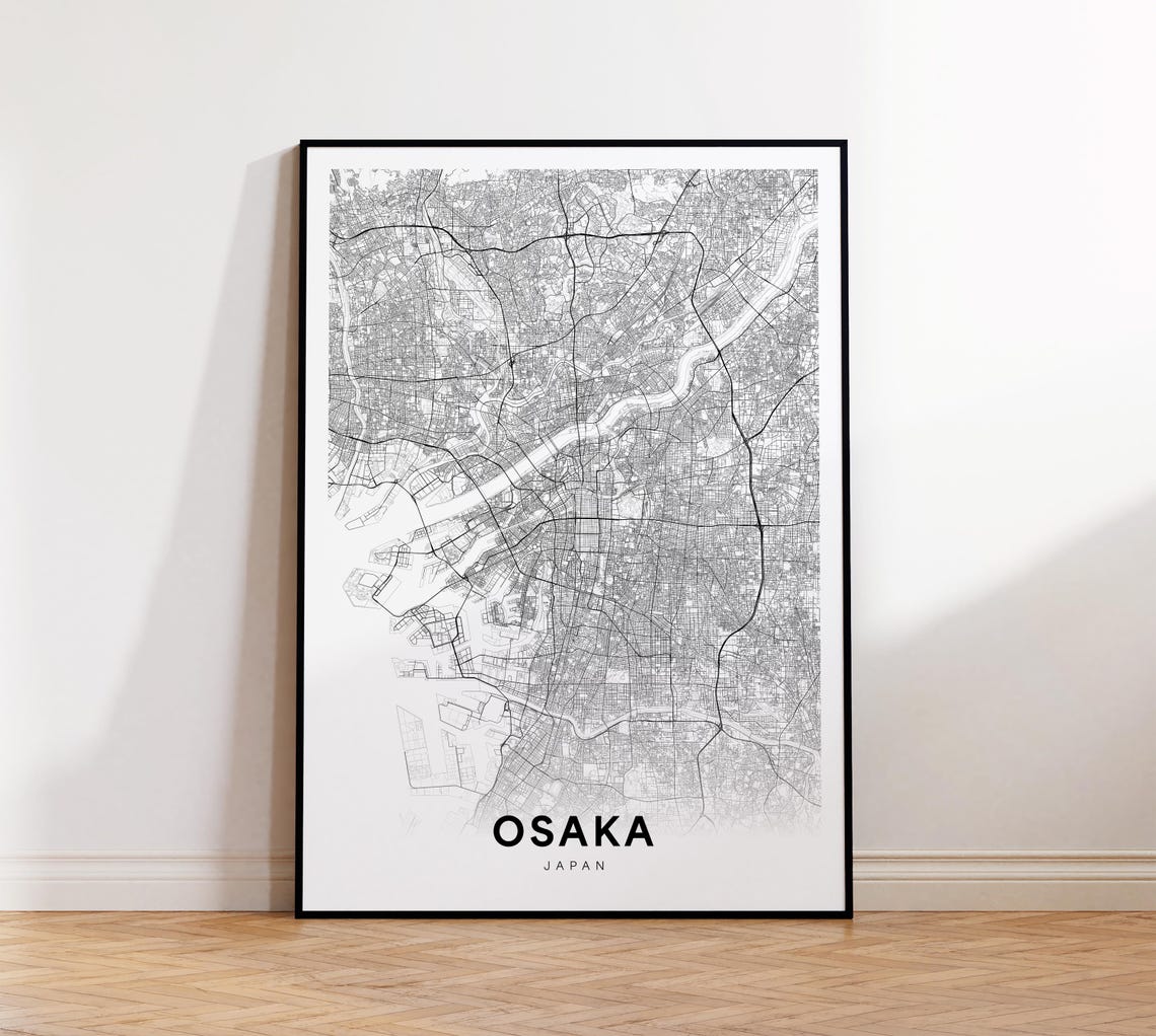 Osaka Japan City Street Map Minimalist Black And White Wall Art