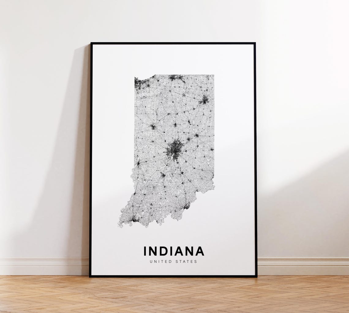 Indiana State Map Print Poster Of Area Minimalist In Road Instant