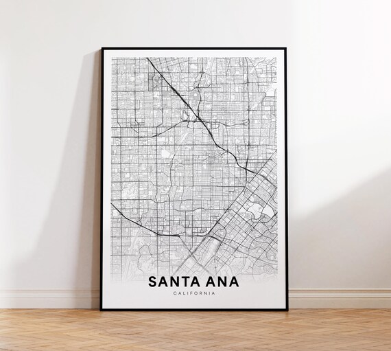 Santa Ana California Minimal Black and White Street Map Poster