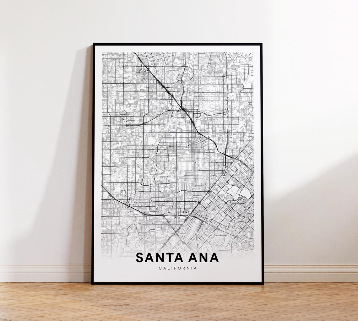 Santa Ana California Minimal Black and White Street Map Poster