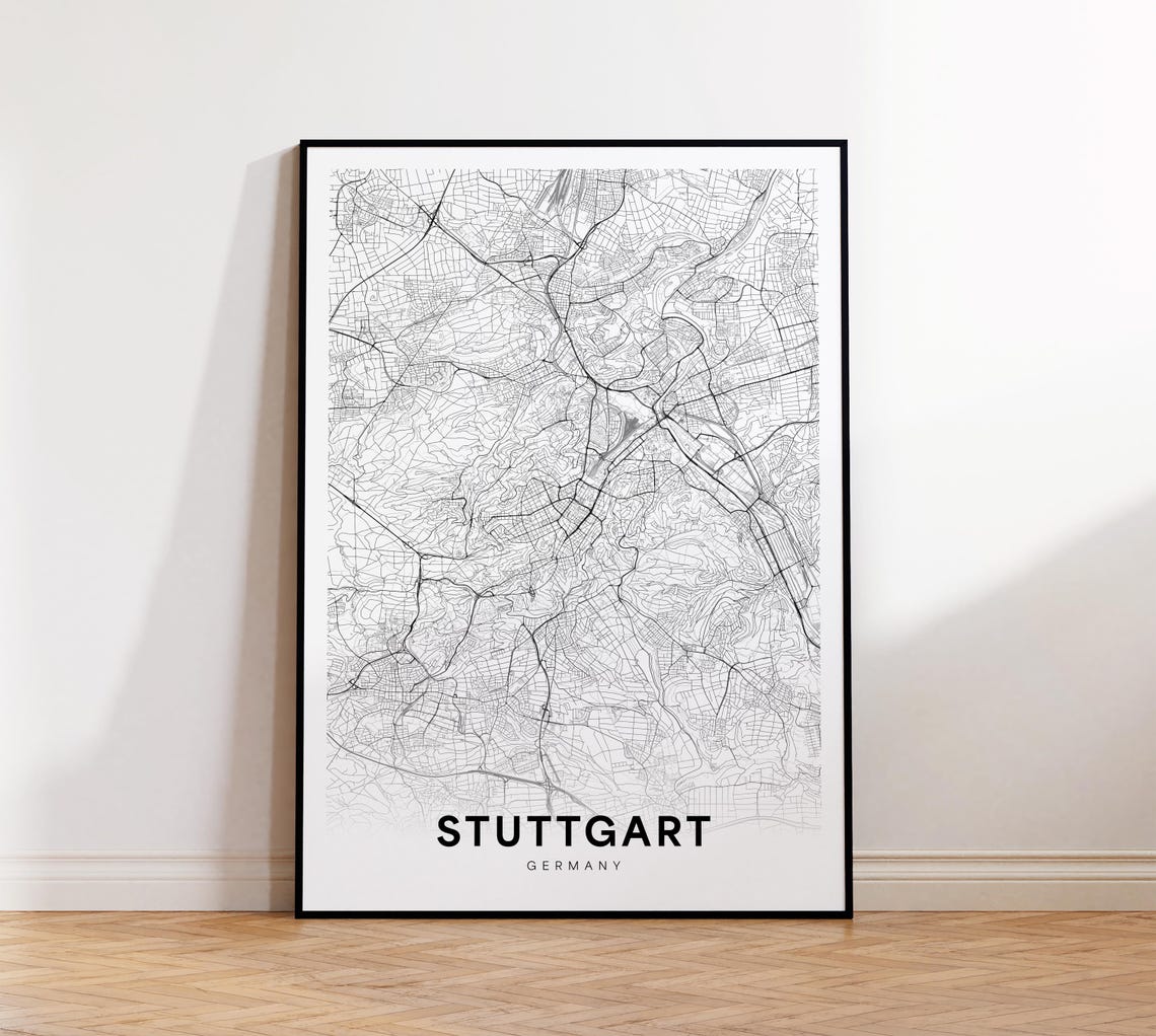 Stuttgart Germany Minimalist Monochrome Street Map Travel Poster
