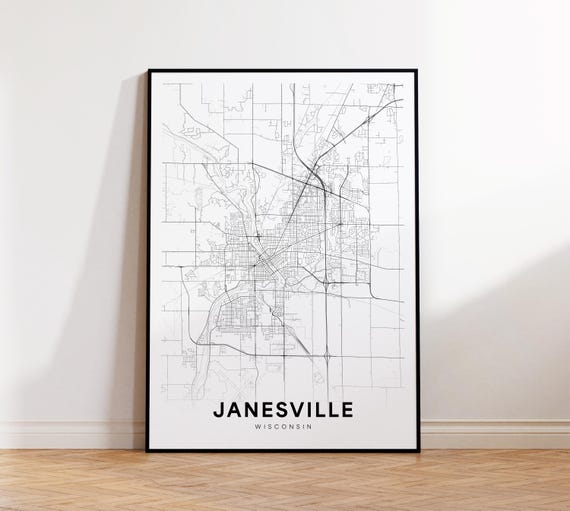 Janesville City Map Print Street Poster Wisconsin Art Road Wall Office