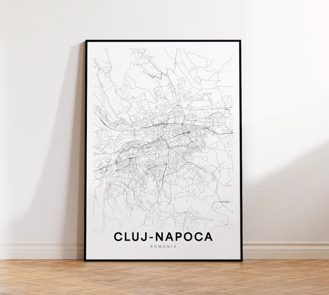 Cluj-Napoca Romania Minimalist Black Line City Street Map Poster