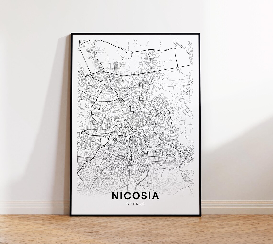 Nicosia Cyprus Minimalist Black And White City Street Map Poster
