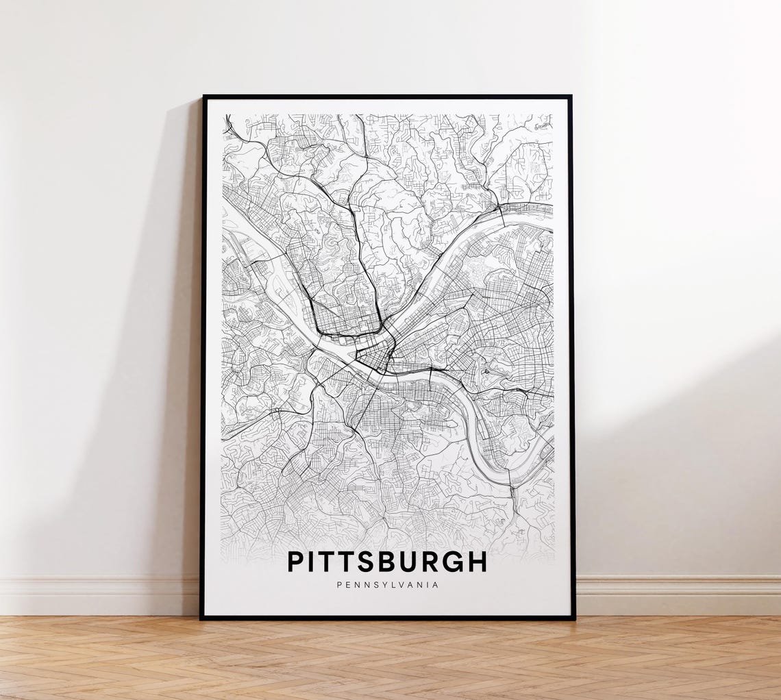 Pittsburgh City Map Poster Pa Street Pennsylvania Print Road Wall Art Office