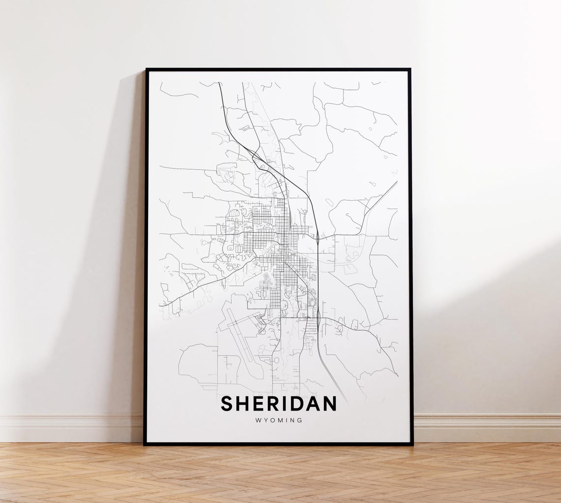 Sheridan Wyoming City Minimalist Black Line Street Map Poster
