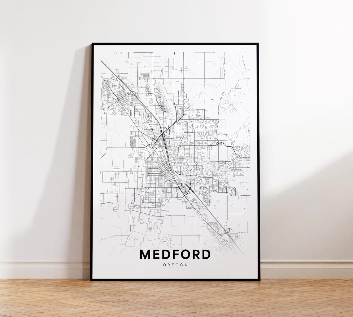 Medford Oregon City Street Map Minimalist Black and White Poster