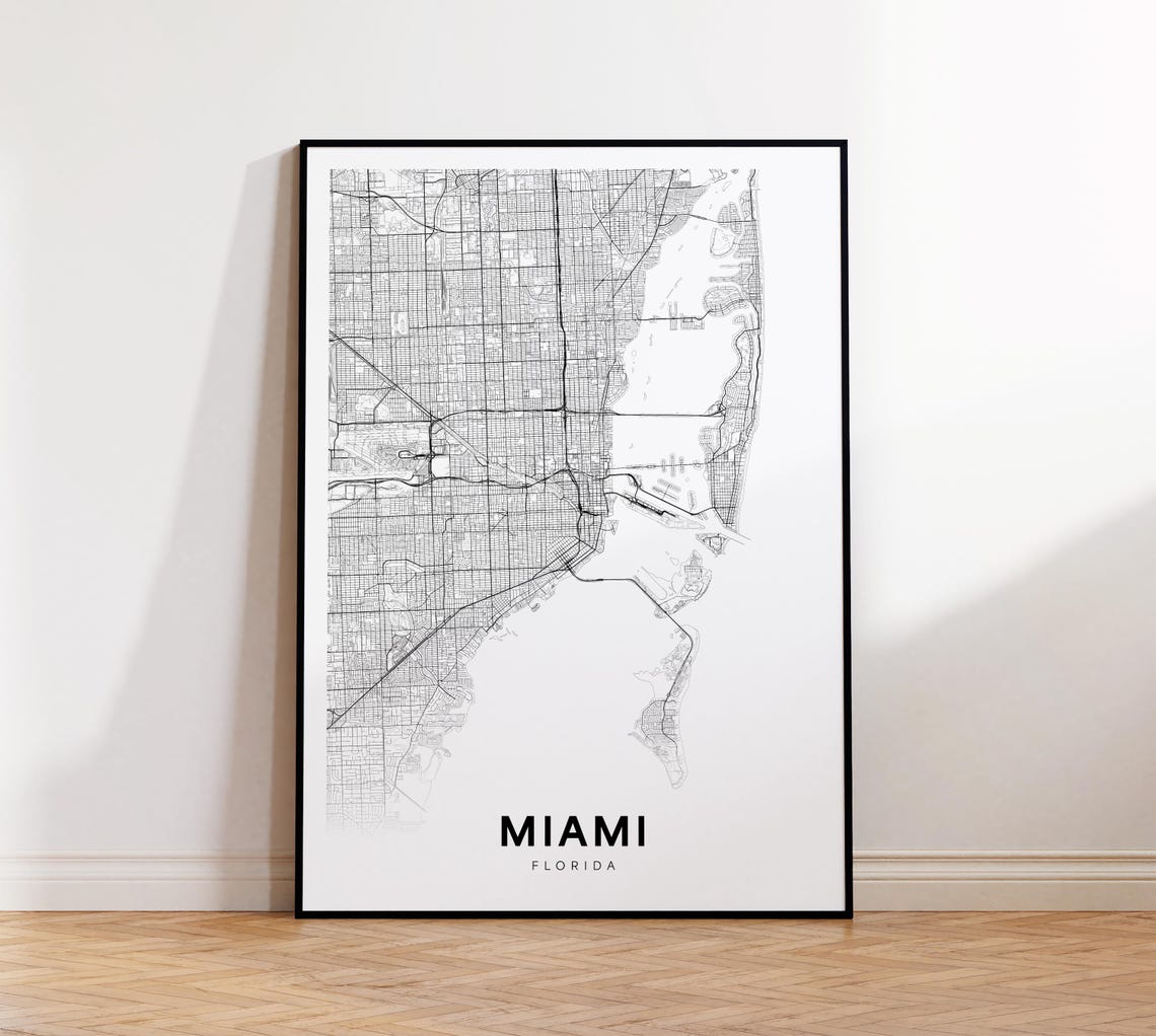 Miami City Map Poster Fl Street Florida Print Road Wall Art Office