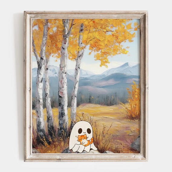 Cute Ghost Hugging an Orange Cat in Autumn Birch Forest Poster