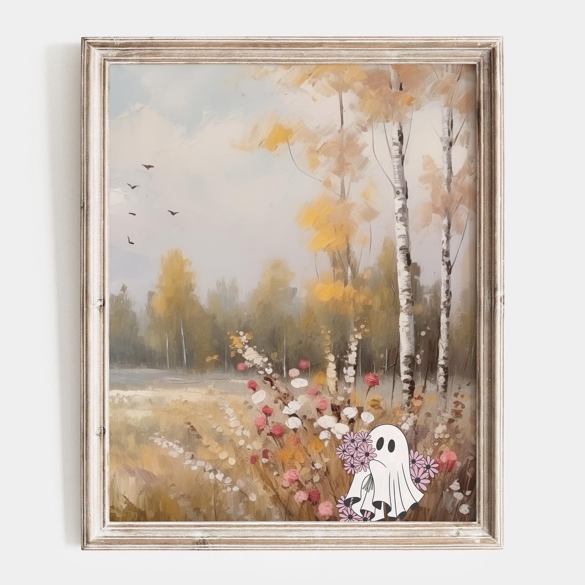 Cute Ghost Among Flowers In An Autumn Birch Grove Fall Poster