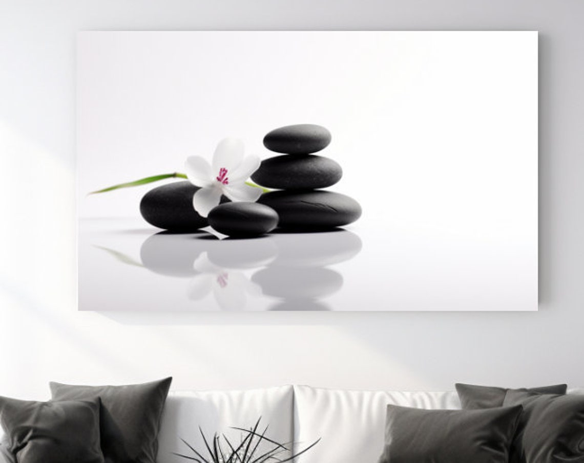 Black Zen Stones White Orchid Minimalist Spa Balance Wall Art Poster