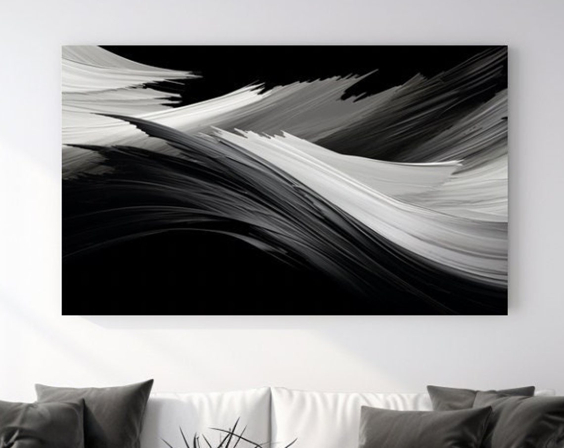 Black White Wave Brush Strokes Abstract Flowing Modern Art Poster