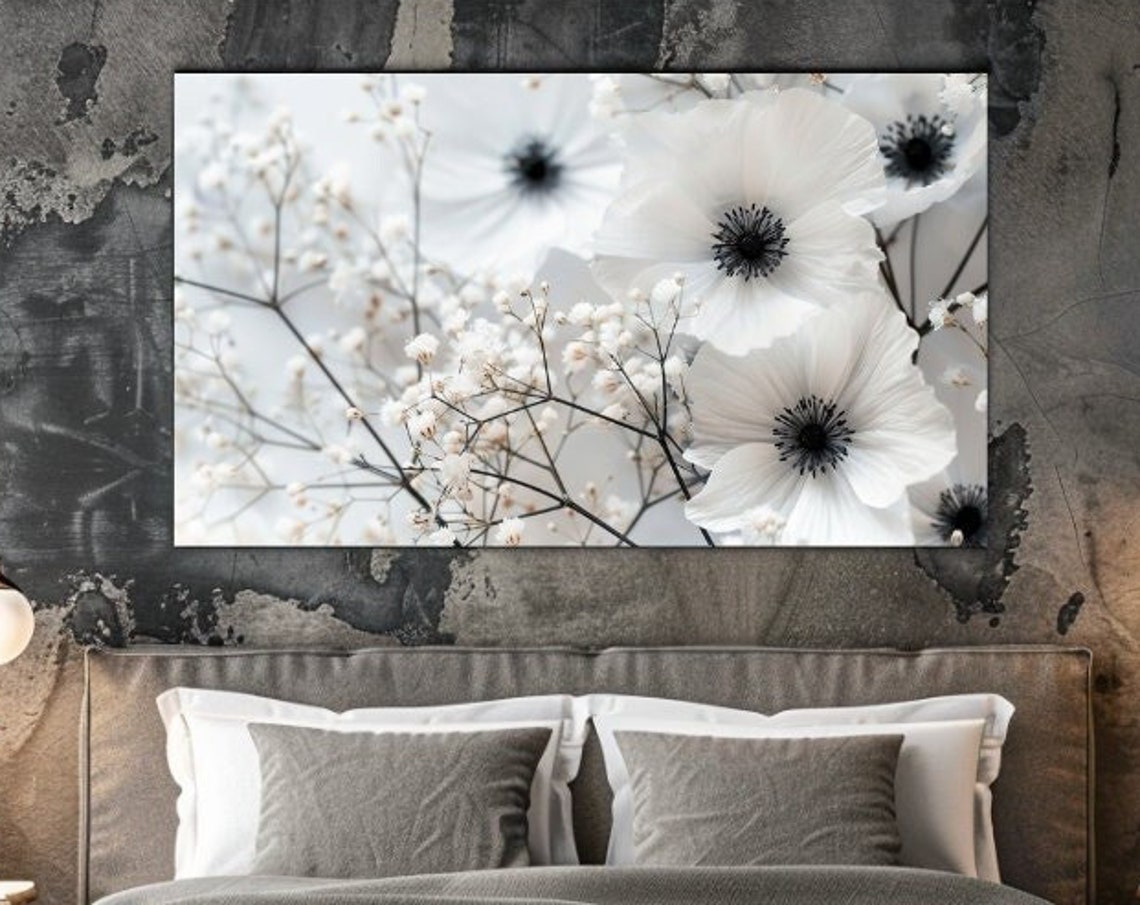 White Anemone Flowers Black And White Modern Floral Wall Art Poster