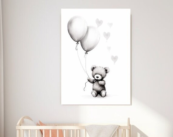 Cute Teddy Bear With Grey Balloons And Hearts Nursery Art Poster