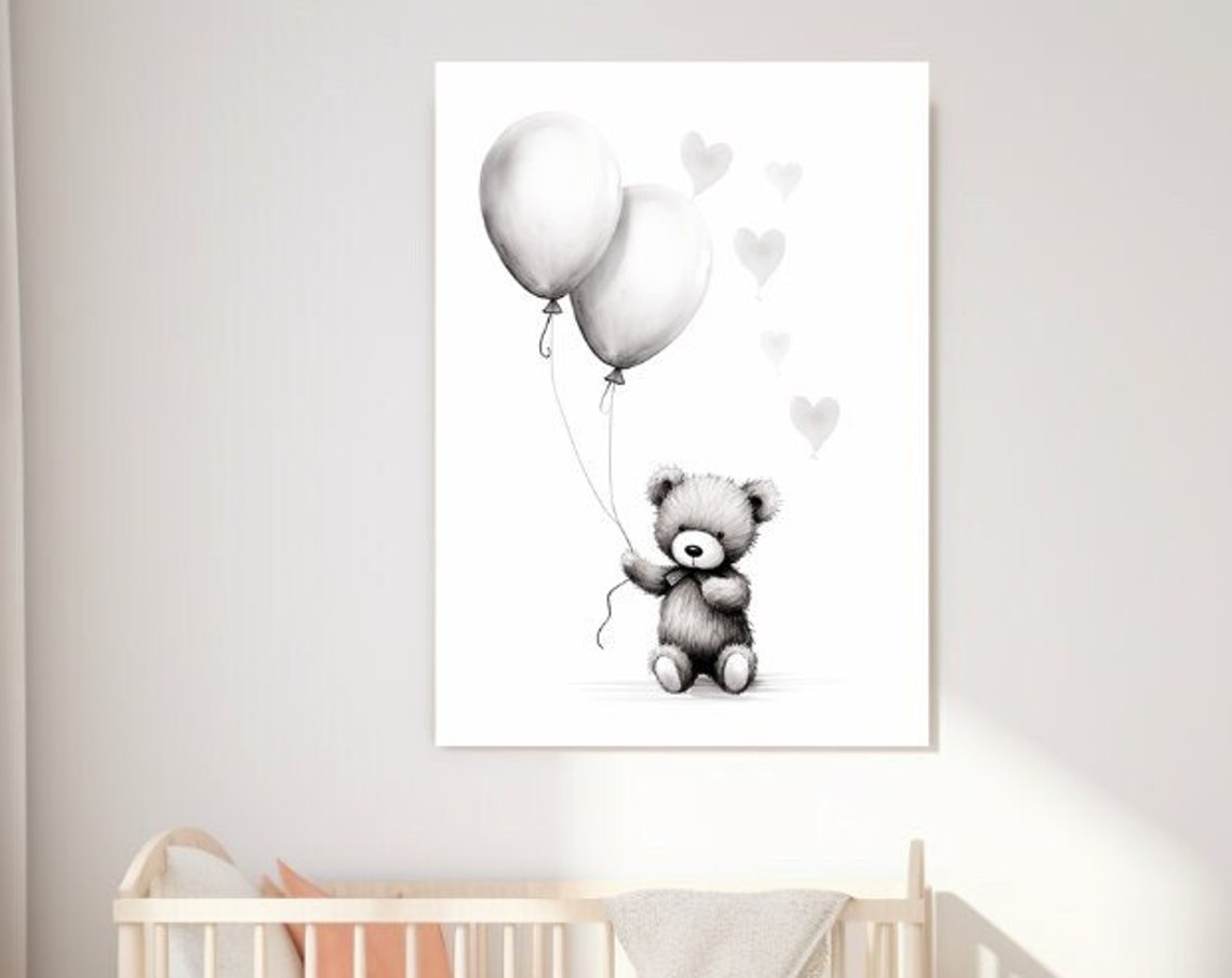 Cute Teddy Bear With Grey Balloons And Hearts Nursery Art Poster