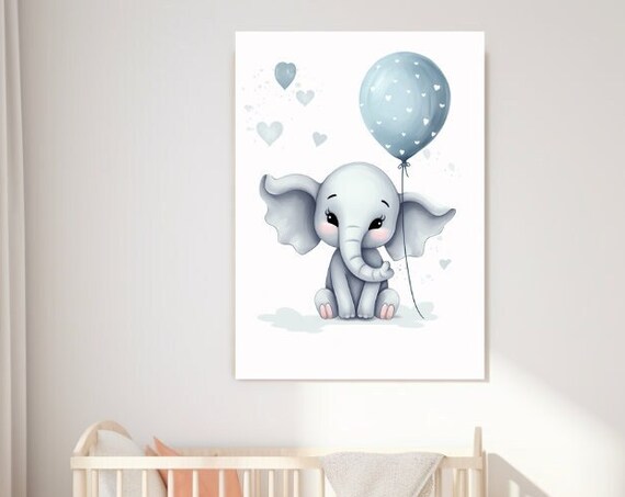 Baby Elephant Holding Blue Balloon Watercolor Cute Nursery Kids Room Poster