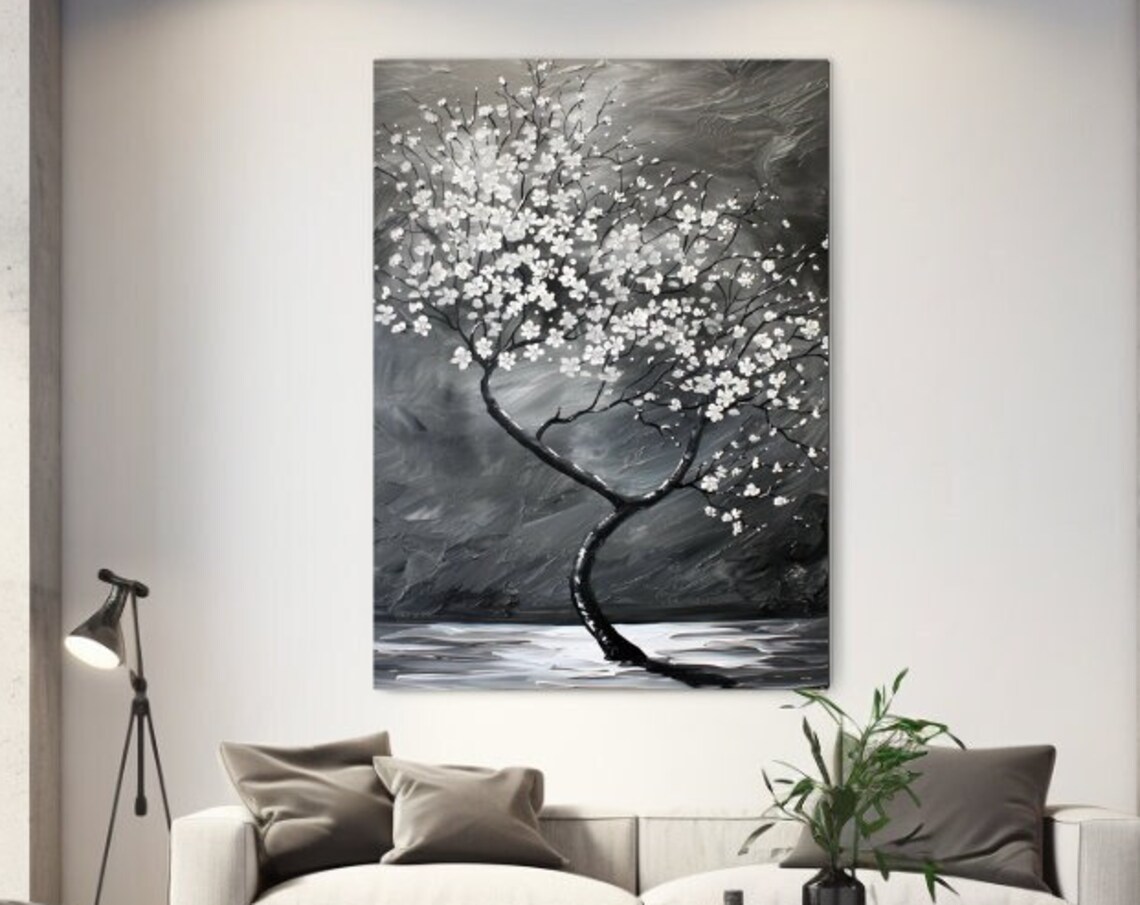 White Blossom Tree Black White Abstract Oil Painting Nature Poster
