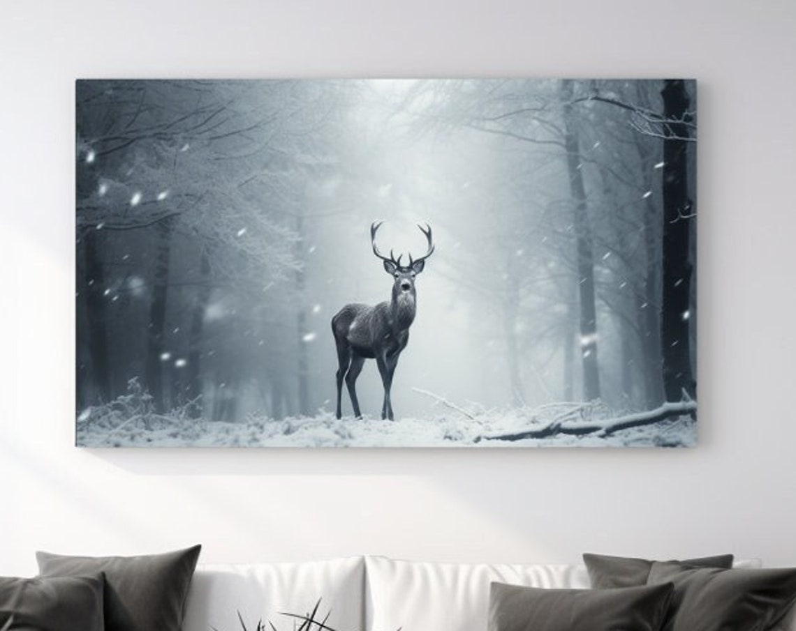 Stag In Snowy Winter Forest Antlered Deer Snowfall Wildlife Poster