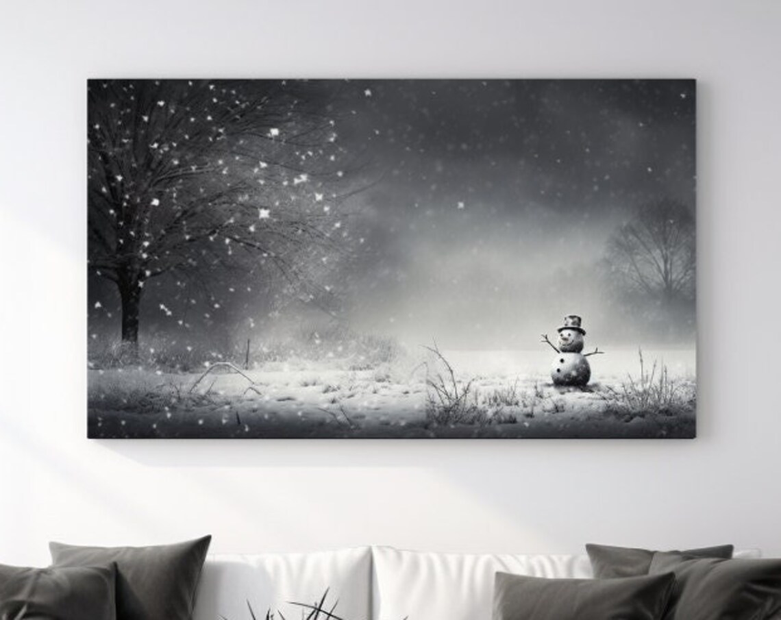 Snowman in Falling Snow Dark Winter Night Forest Scene Print