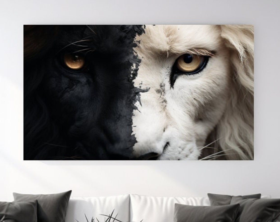 Lion Half Black Half White Split Face Amber Eyes Wildlife Art Poster