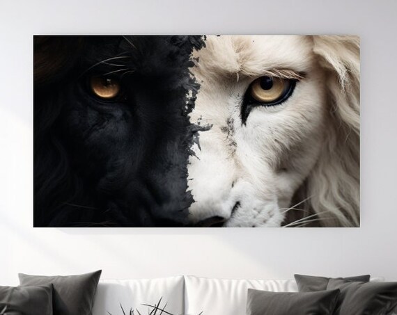 Lion Half Black Half White Split Face Amber Eyes Wildlife Art Poster